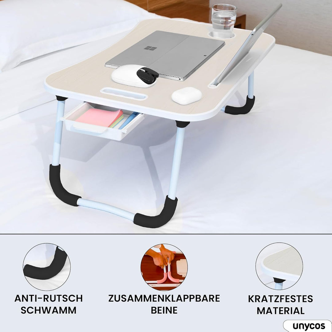 unycos - Betttablett Klappbar, Frühstückstablett mit Griff und Getränkehalter, Serviertisch, Ideal f
