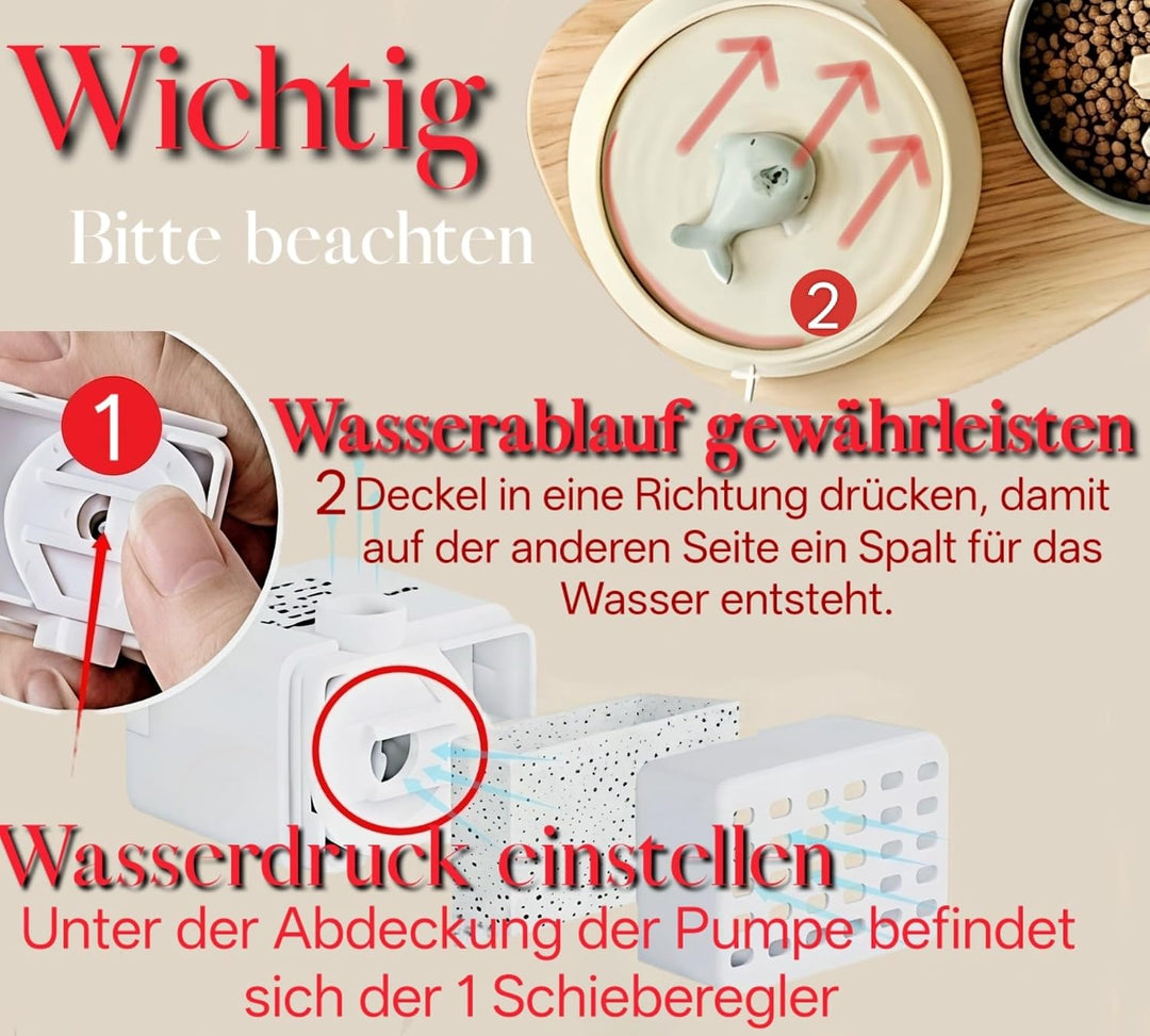 Katzenbrunnen Keramik Set mit Futternapf & 3-Fach Wasserfiltersystem – 1,3L Wasserspender mit Modern