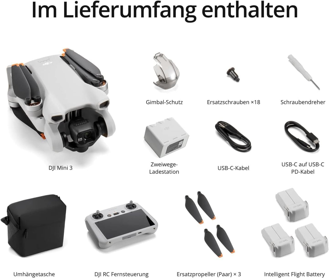 DJI Mini 3 Fly More Combo (DJI RC) – Leichte und faltbare Mini-Kameradrohne mit 4K HDR-Video, 3 Batt
