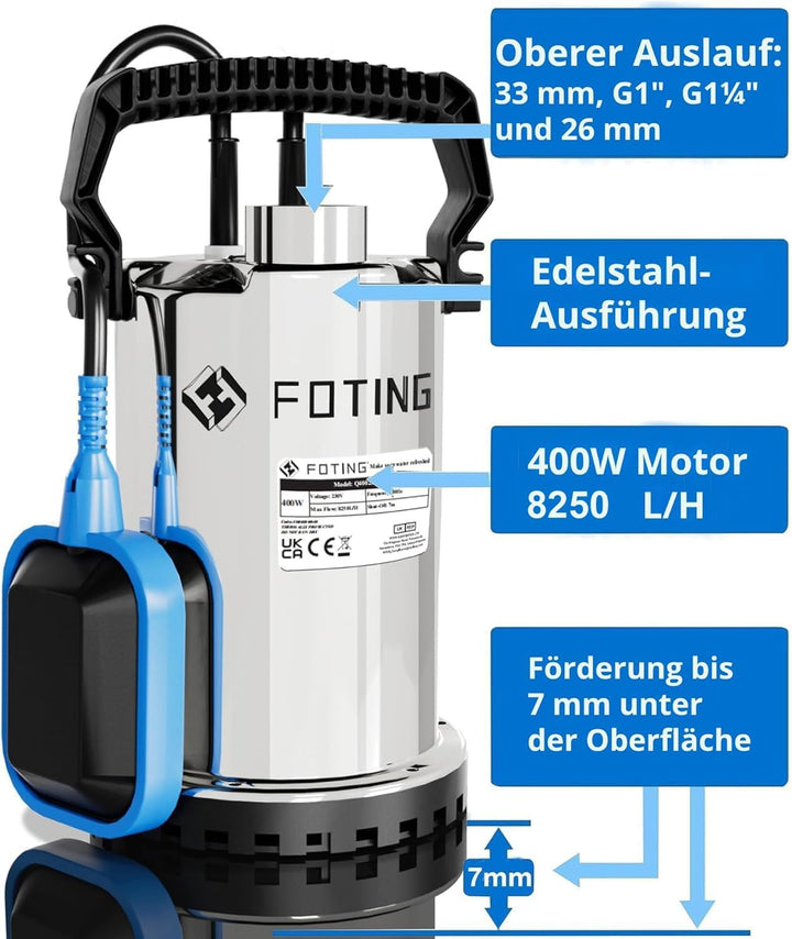 FOTING Edelstahl Tauchpumpe 400W 8250 l/h, Förderhöhe max 6.5m, Eintauchtiefe max 7m, Noryllaufrad,