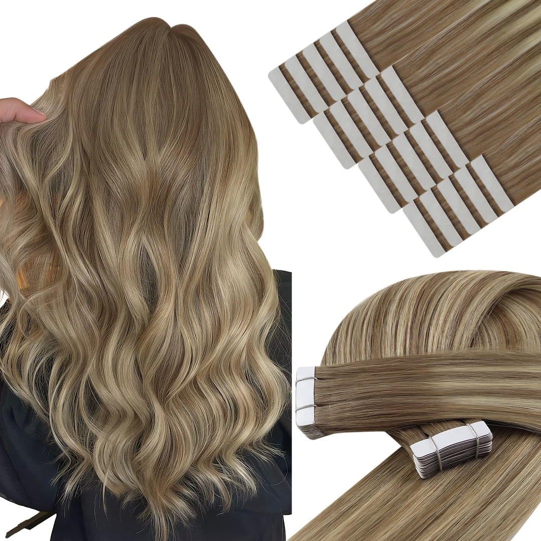 YoungSee Tape Extensions Echthaar Ombre 50 cm Echthaar Extensions Tape Ombre Braun bis Blond Tape in