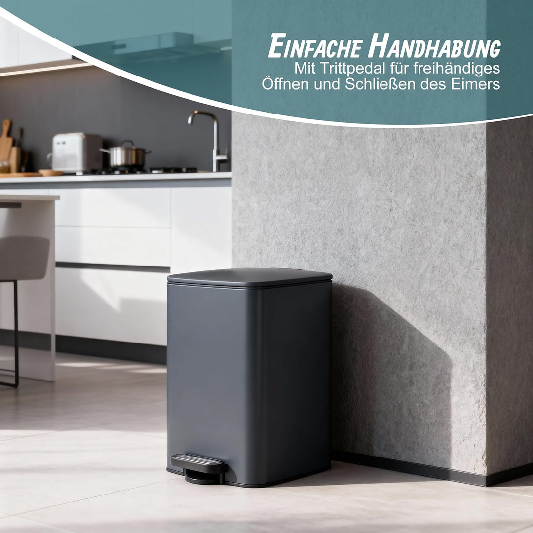 Relaxdays Mülleimer Küche, 20 l, Absenkautomatik, entnehmbarer Inneneimer, Mattes Metall, eckiger Tr