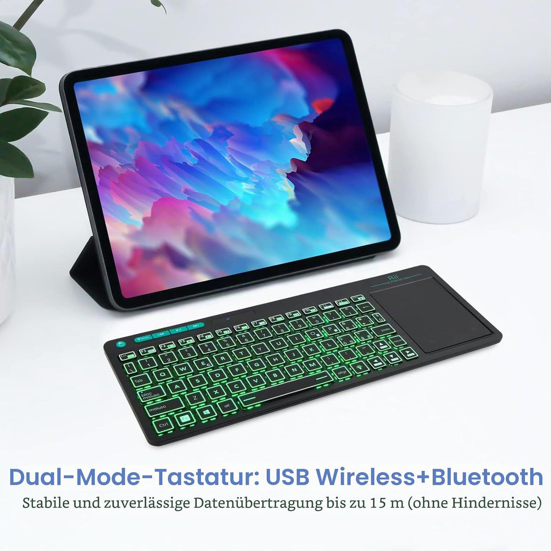 Rii Mini i18S Wireless + Bluetooth Kompakte Tastatur mit grosser Maus Touchpad und LED-Hintergrundbe