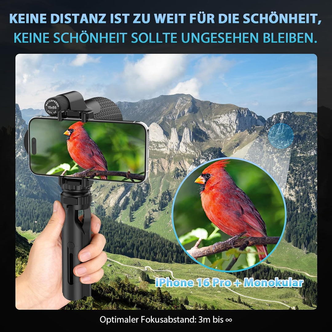 Sogries 15x55 Monokular Fernglas HD mit BAK4 Prisma & FMC Linse, Spritzwassergeschütztes Fernrohr in