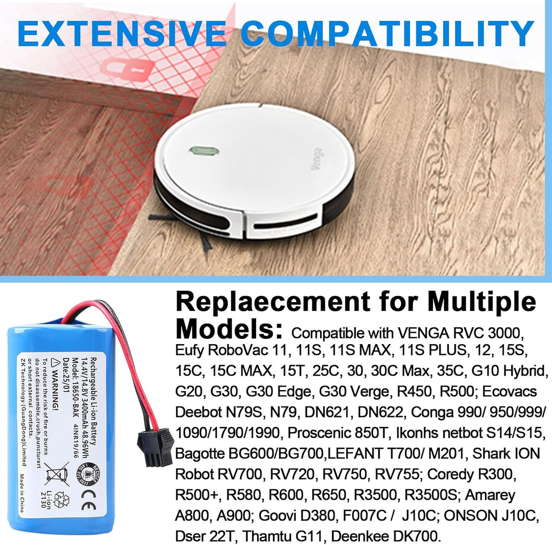 3400 mAh, 14,4 V Akku Kompatibel mit Venga VG RVC 3000 3001, Eufy RoboVac 11 11C 11S MAX 30 30C Max