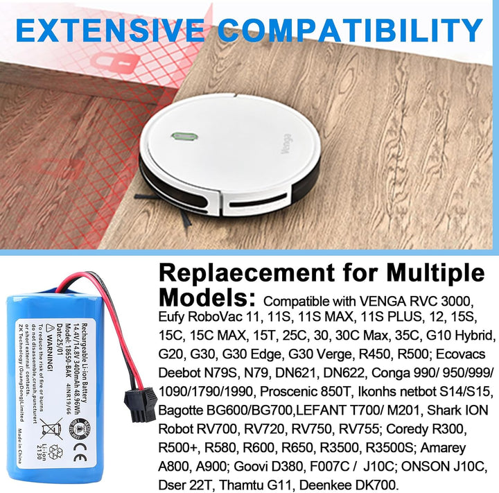 3400 mAh, 14,4 V Akku Kompatibel mit Venga VG RVC 3000 3001, Eufy RoboVac 11 11C 11S MAX 30 30C Max