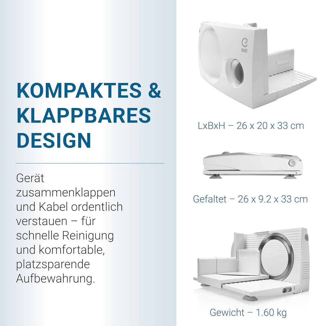 EUREL RS44 Allesschneider Made in Europa, Dauerschaltung, Serviertablett, platzsparend klappbar Elek