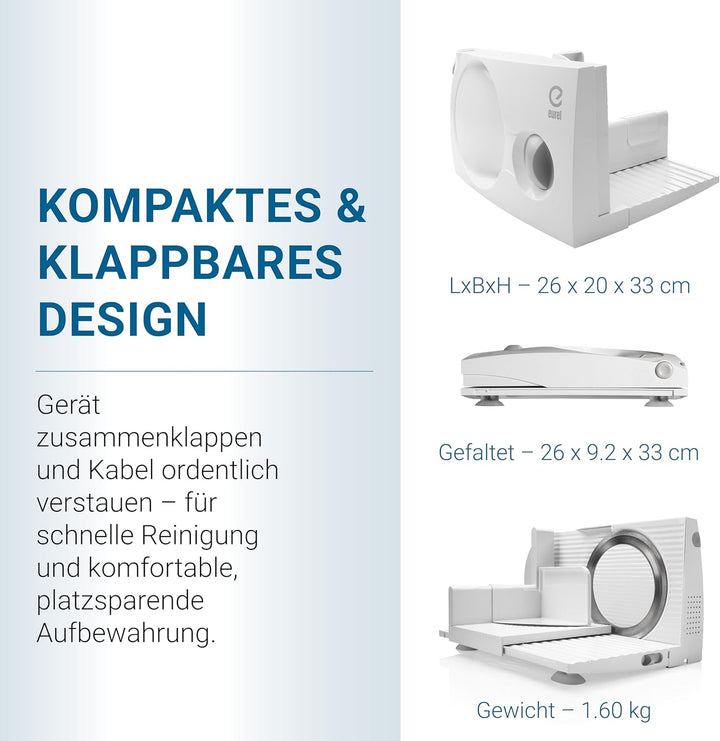 EUREL RS44 Allesschneider Made in Europa, Dauerschaltung, Serviertablett, platzsparend klappbar Elek