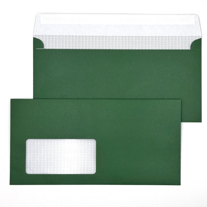 100 Umschläge mit Fenster, Grün, Tannengrünn, DIN lang = 220 x 110 mm, Haftklebestreifen, Fensterkuv