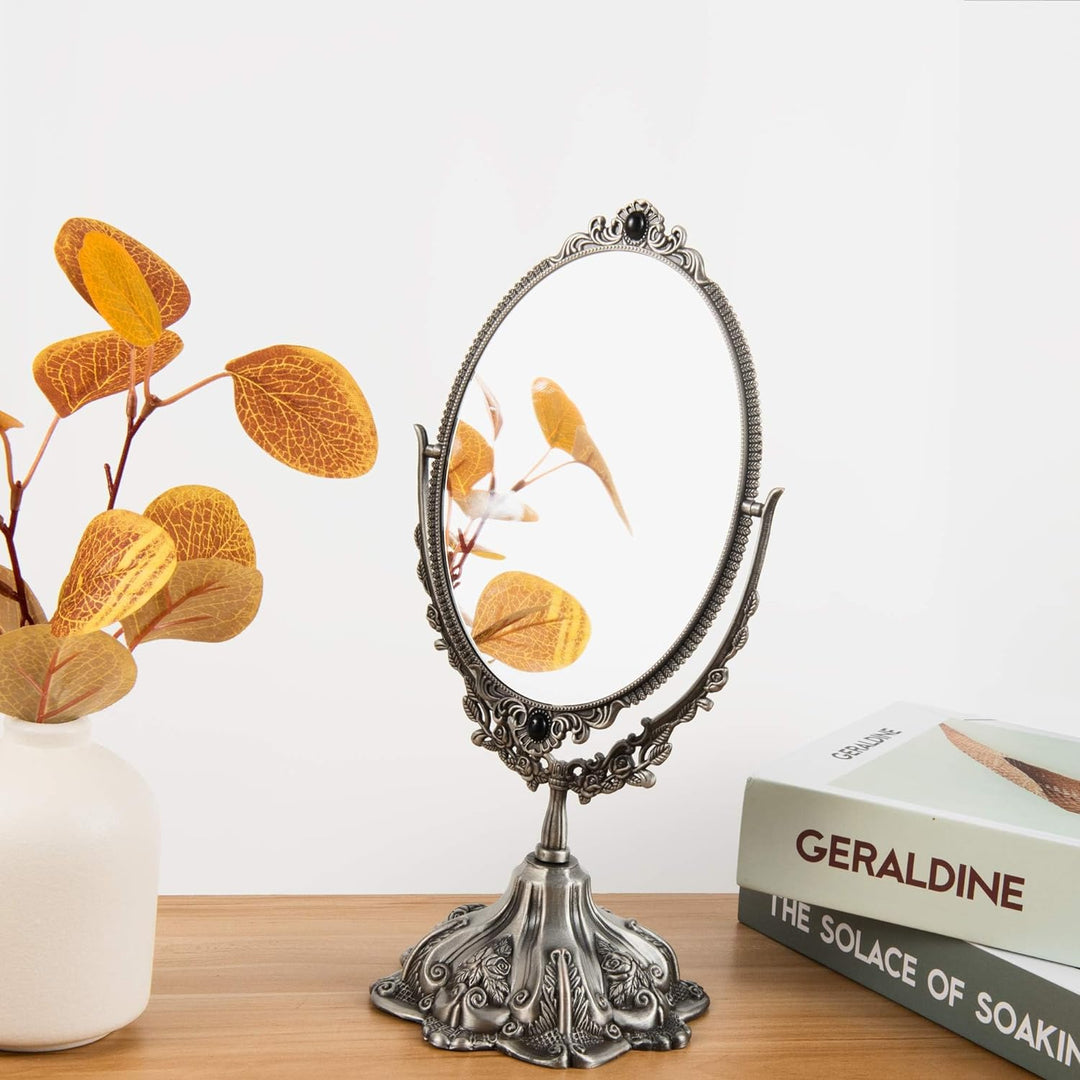 Feyarl Vintage-Schminkspiegel, oval, floraler Tischspiegel, doppelseitig, drehbar, mit Ständer, für