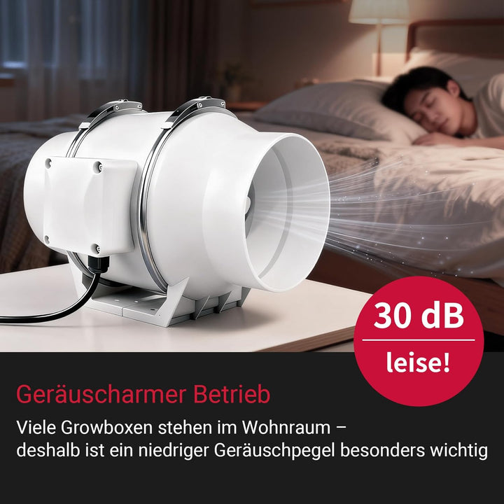 Rohrventilator 100mm, 220 m³/h, Rohrlüfter mit Stecker für Growzelt, Indoor, Gewächshaus, Hydrokultu