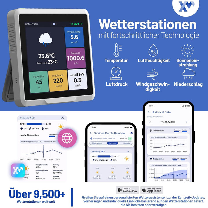 D1 WLAN-Wetterstation mit Farb-Touchscreen, 7 Messwerte