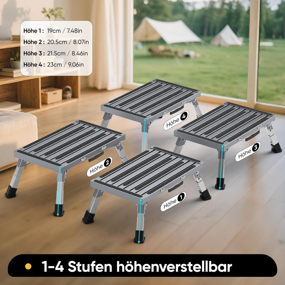 Klapptritt Trittstufe mit Griff, 4-stufige Höhenverstellbarer Tritthocker, 350kg Belastung und Anti-