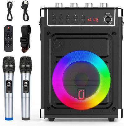 JYX Karaoke-Maschine mit 2 UHF-Funkmikrofonen, Bluetooth-Lautsprecher mit Bass-/Höhen-Einstellung un