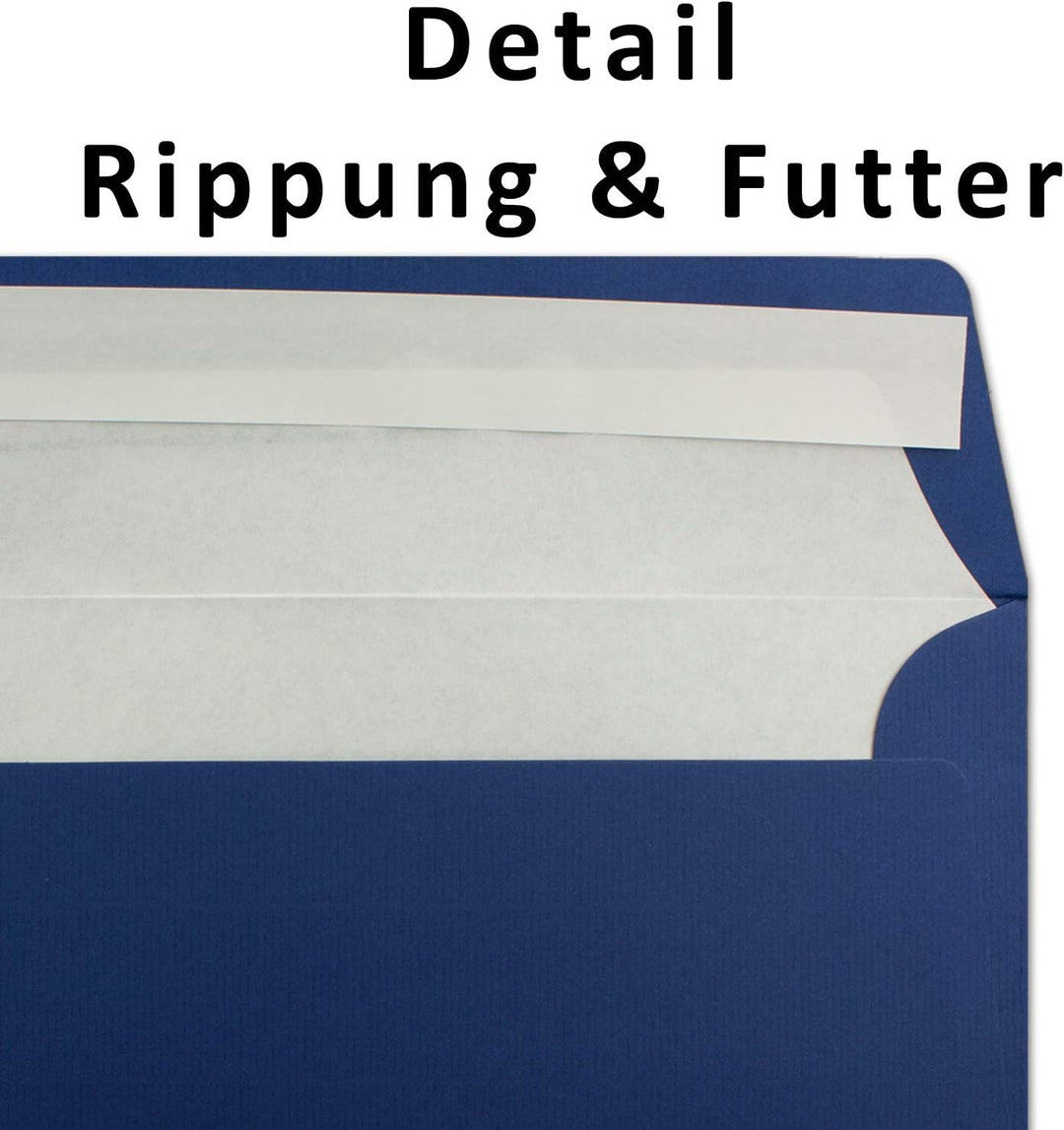 25x Briefumschläge DIN Lang 11 x 22 cm gerippt in Dunkelblau gefüttert mit weiss em Seiden-Papier 11