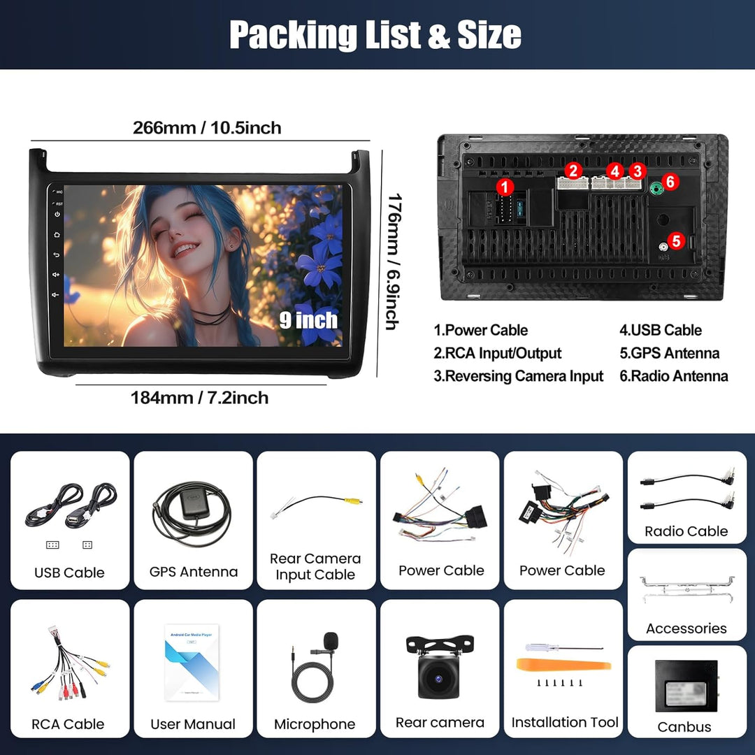 4+64G Android 15 CAMECHO 9 Zoll Autoradio für VW Polo 6R 6C 9N 2008-2016 mit Wireless Carplay Androi