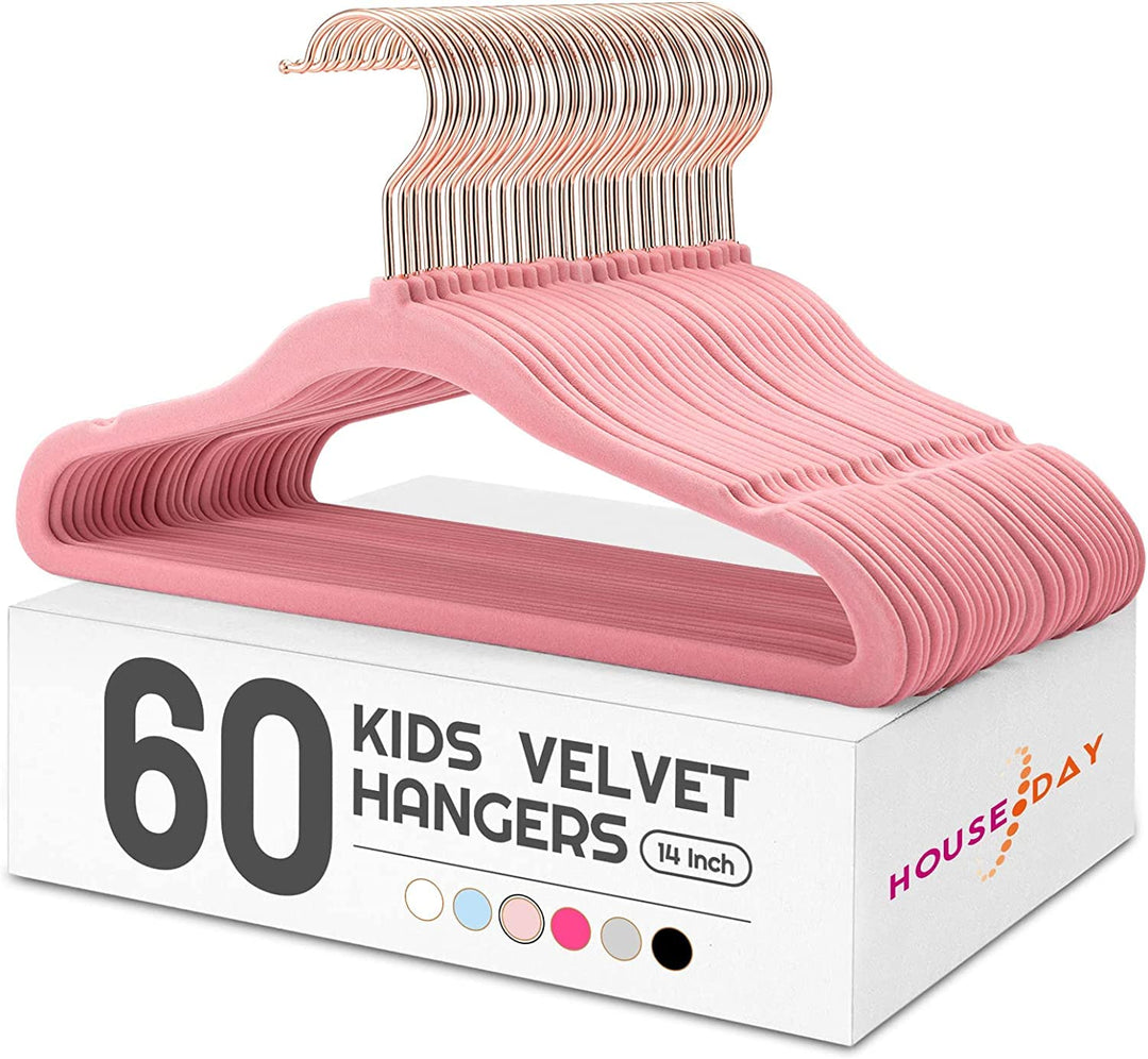 HOUSE DAY 60 Stück Kinder kleiderbügel Samt（35.5cm breit）— Rosa Kinderkleiderbügel Samt Kleiderbügel
