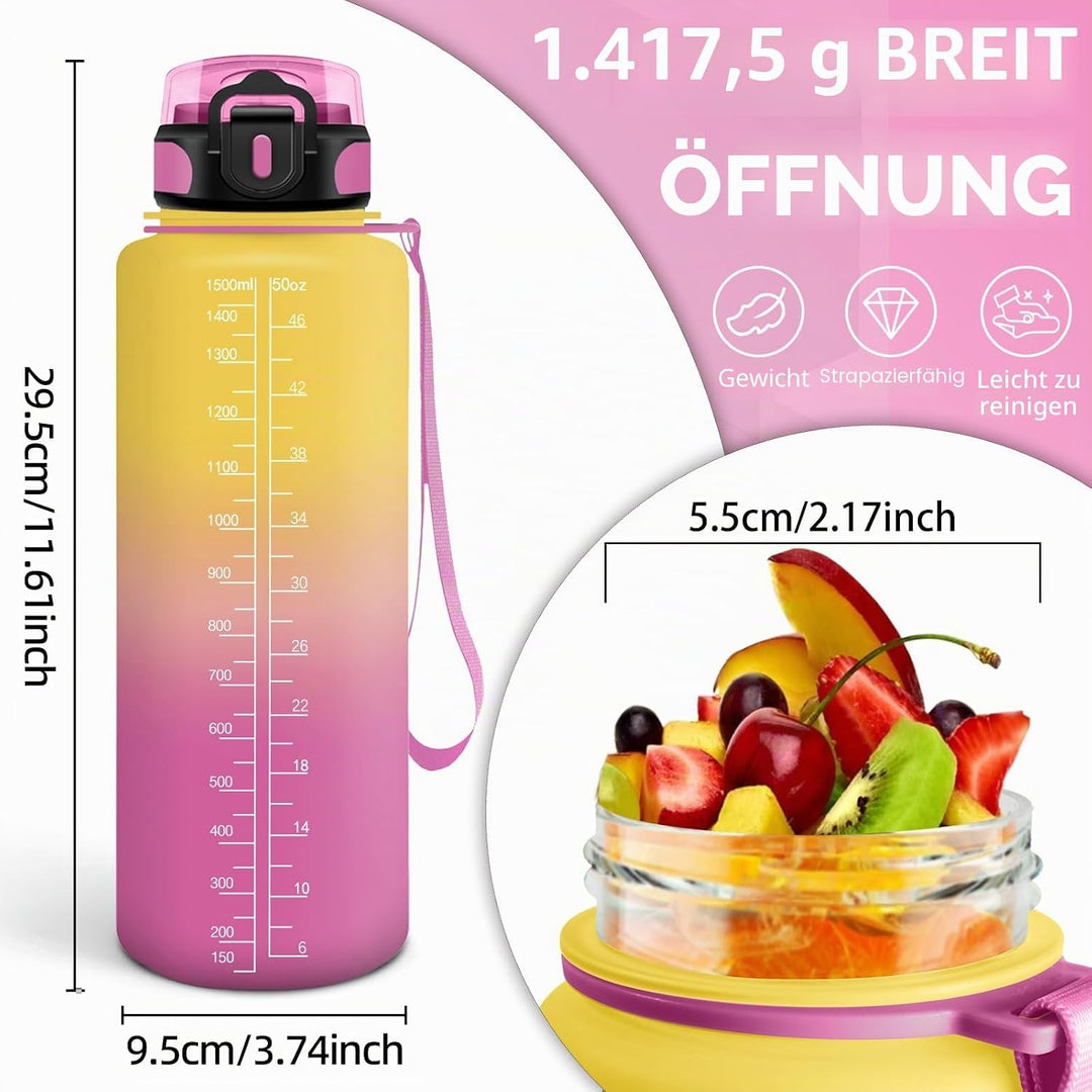 HoneyHolly Trinkflasche 1500ML, Auslaufsicher mit Zeitmarkierung, Water Bottle, Trinkflaschen mit Fi