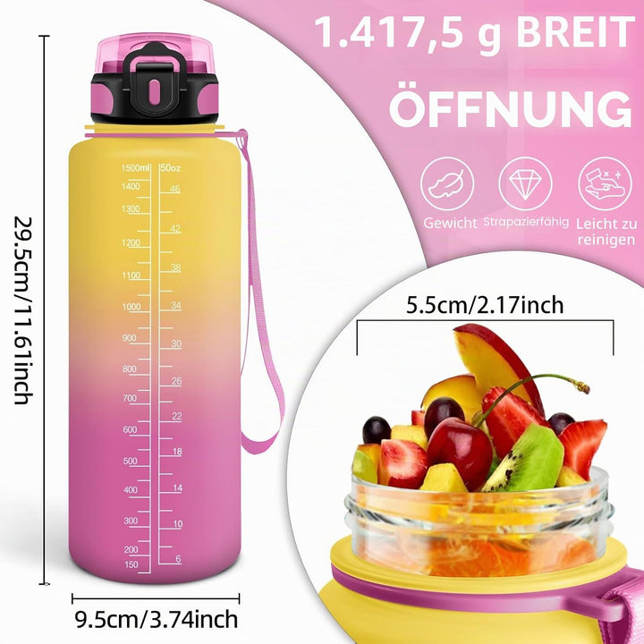 HoneyHolly Trinkflasche 1500ML, Auslaufsicher mit Zeitmarkierung, Water Bottle, Trinkflaschen mit Fi