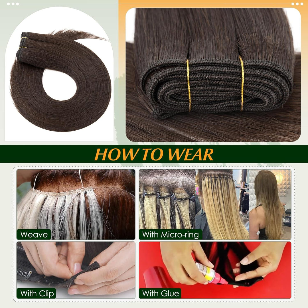 Elailite Bündel Extensions Echthaar #2 Dunkelbraun 25cm Sew in Haar Haarverlängerungen Weft Brasilia