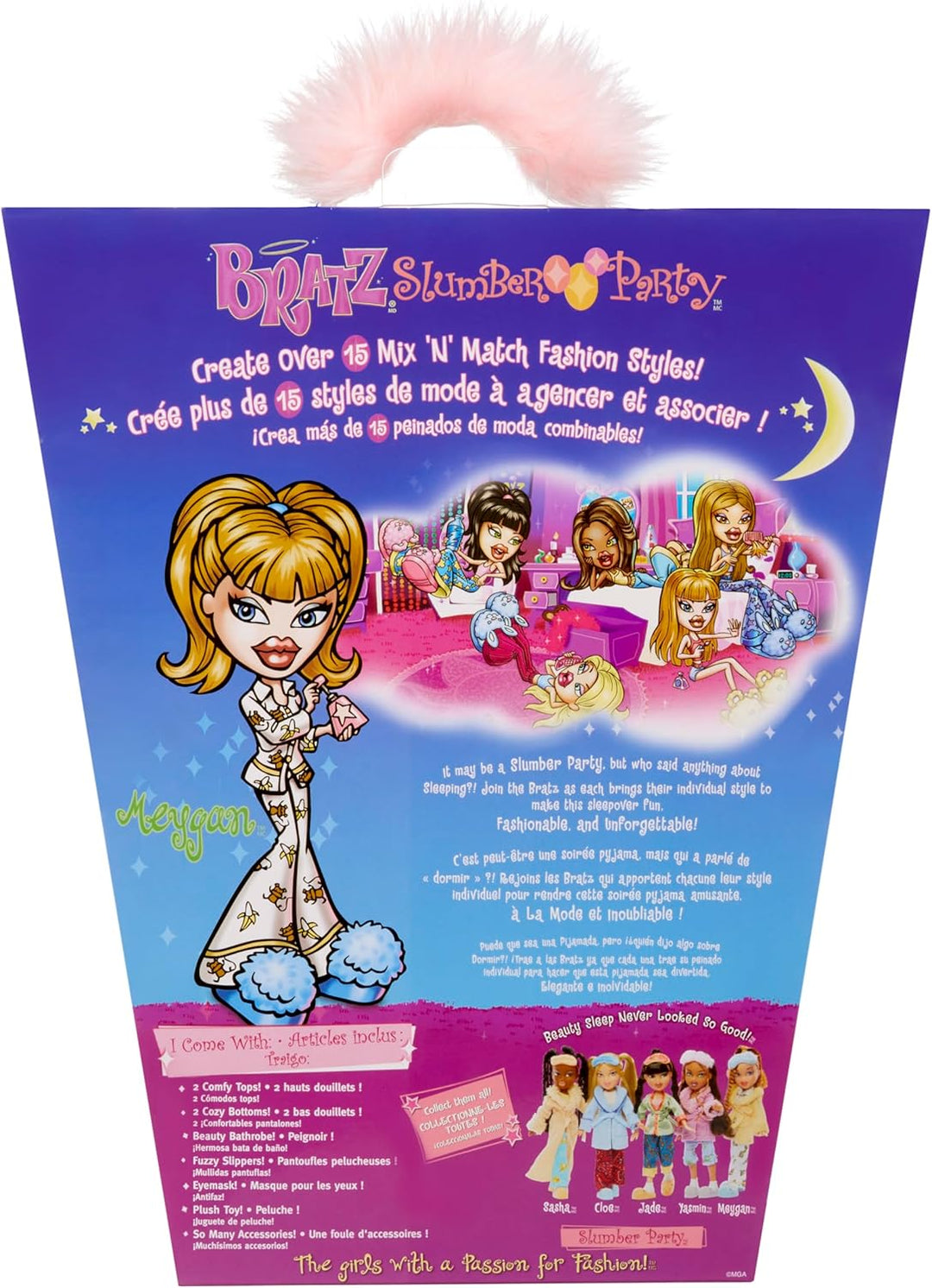 Bratz Slumber Party - Meygan Modepuppe - Mit 2 Pyjama-Garnituren, Plüschtier und Accessoires - Für K