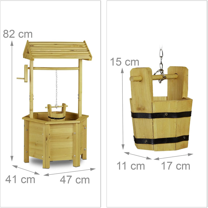 Relaxdays Dekobrunnen Garten Holz, Rolle, Eimer, HxBxT: 82 x 47 x 41 cm, Zierbrunnen, Gartendeko, Ho