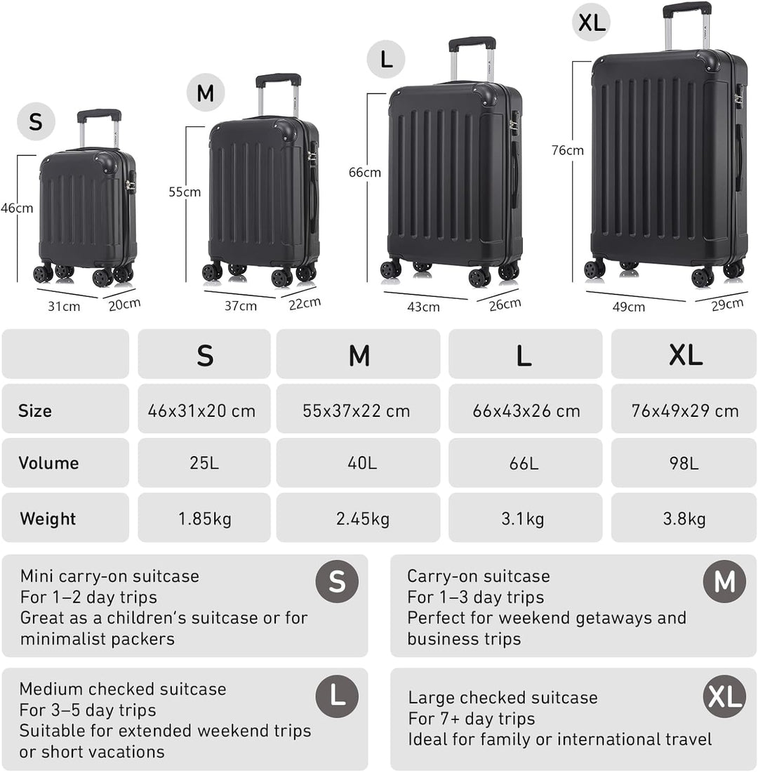 Koffer Suitcase M Schwarz, Trolley Reisekoffer, Rollkoffer Handgepäck, Kabinenkoffer mit 4 Rollen 36