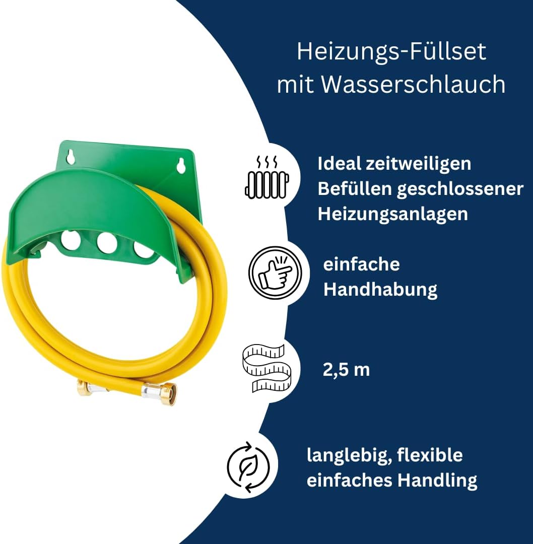 Heizungs-Füllset 2,5 m – Wasserschlauch mit DN 20 Messingverschraubung & Schlauchhalter, anschlussfe