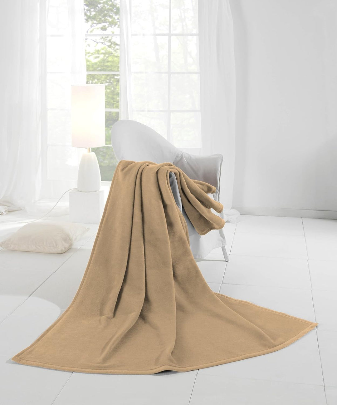 Biederlack Wohn- und Kuscheldecke, 60 % Baumwolle, Veloursband-Einfassung, 220 x 240 cm, Kamel, Orio