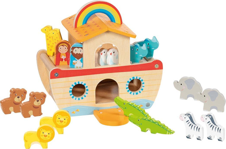 goki 51464 - Meine kleine Arche Noah, buntes Lernspielzeug aus Holz für Kinder, Tiere wie Löwe, Elef