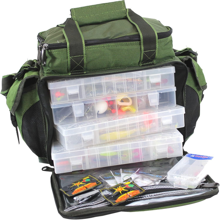 QMBasic Angelboxentasche inkl. 4 Tackle-Boxen | Angelkoffer für Zubehör Wasser-Abweisend gepolsterte