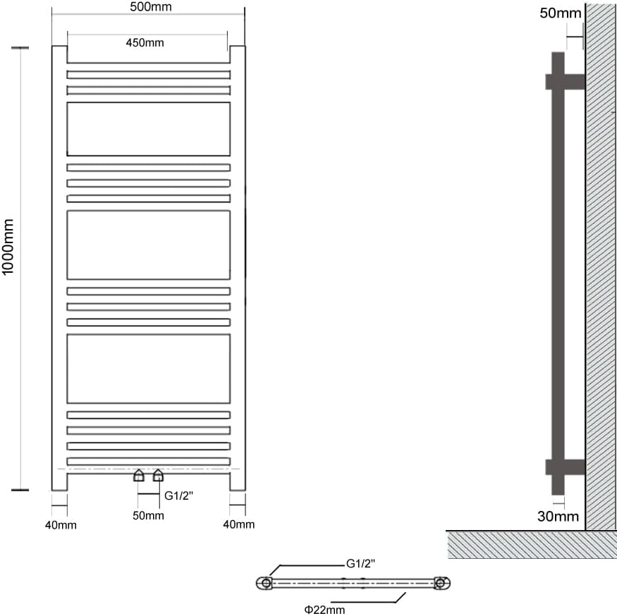 S SIENOC 500 x 1000 mm Anthrazit mittelanschluss Badheizkörper handtuchhalter Heizkörper Handtuchwär