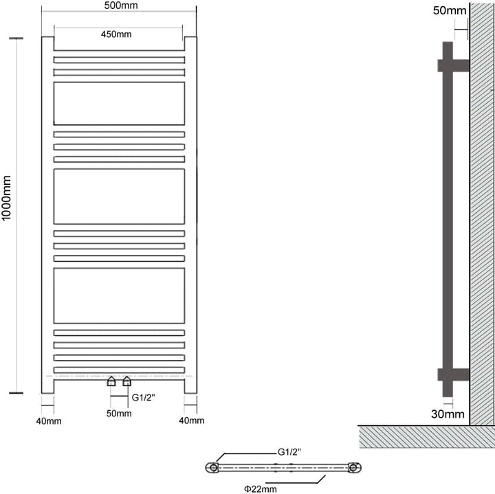 S SIENOC 500 x 1000 mm Anthrazit mittelanschluss Badheizkörper handtuchhalter Heizkörper Handtuchwär