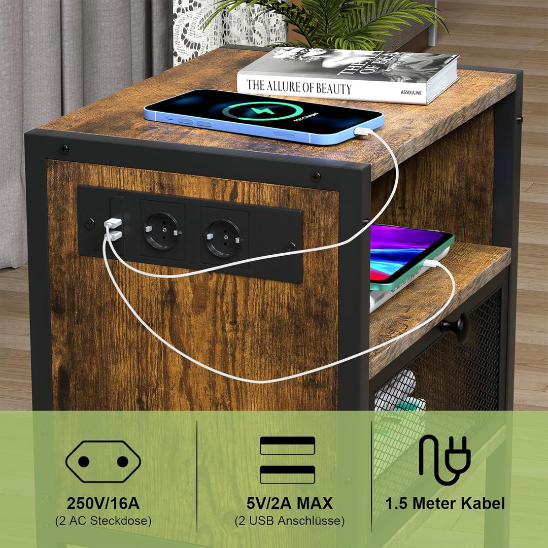 PIPIPOXER Nachttisch mit Steckdose, Nachttisch mit USB Anschlüssen und Steckdosen, Flip Top Beistell