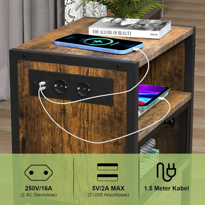 PIPIPOXER Nachttisch mit Steckdose, Nachttisch mit USB Anschlüssen und Steckdosen, Flip Top Beistell