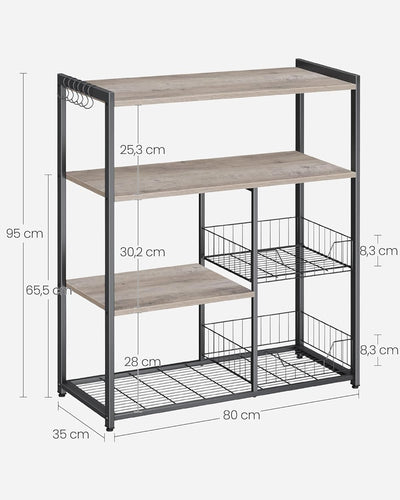 VASAGLE Küchenregal, Standregal mit 2 Metallkörben, Bäckerregal mit Haken und Regalablagen, Mikrowel
