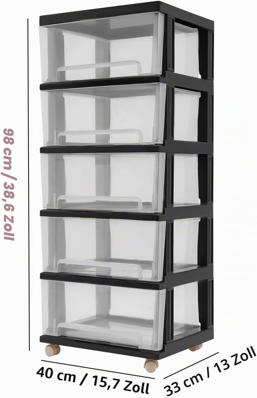 Kunststoff Schubladenbox Rollcontainer mit 5 Schubladen – Transparente Kunststoff Aufbewahrung A4 ko