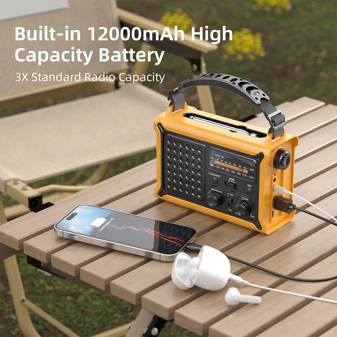 Solar Kurbelradio mit 12000mAh Akku Wiederaufladbare, Extra Grosse Solarpanel, AM/FM Notfallradio mi