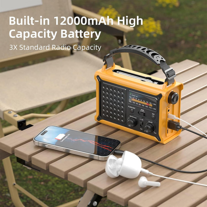 Solar Kurbelradio mit 12000mAh Akku Wiederaufladbare, Extra Grosse Solarpanel, AM/FM Notfallradio mi
