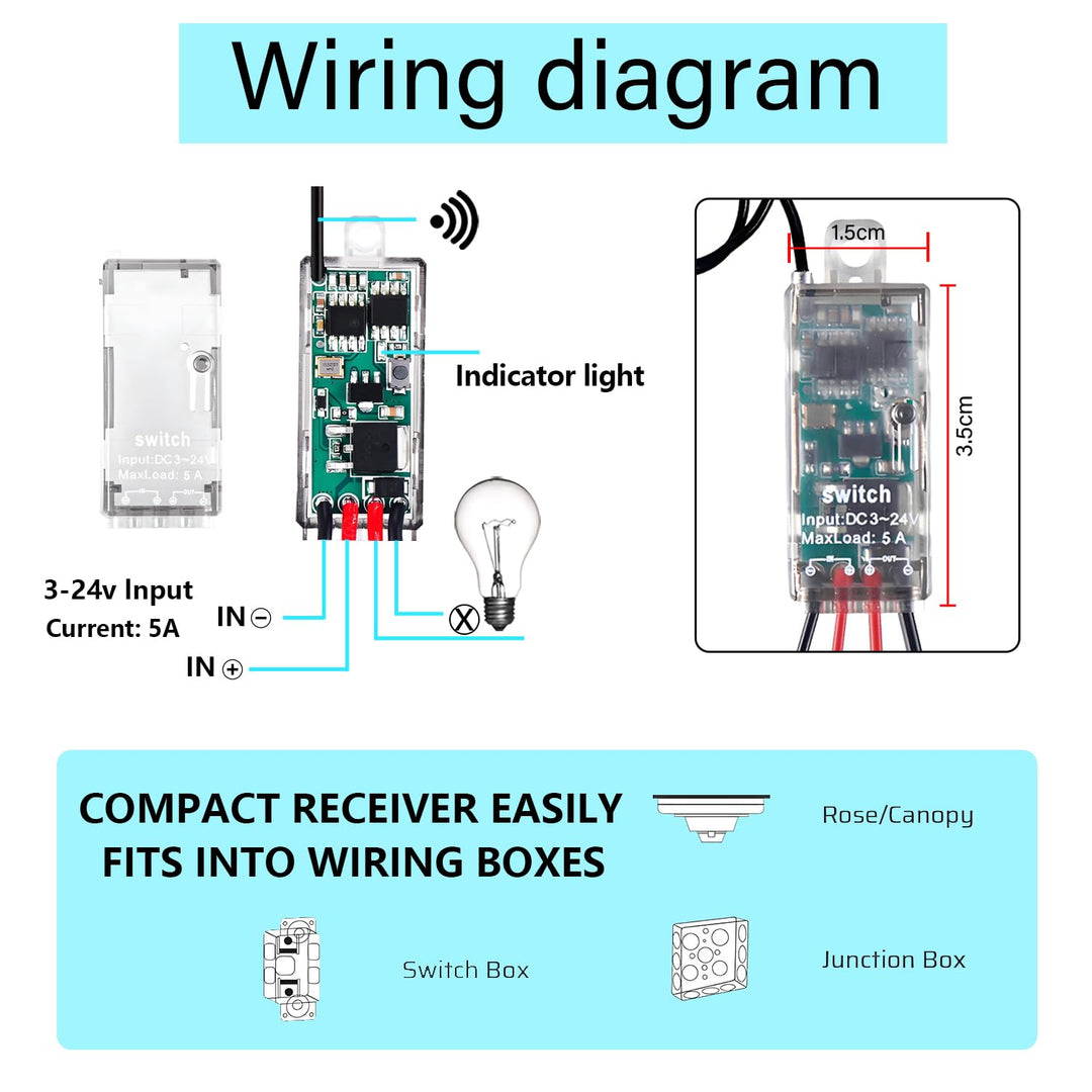 12v funkschalter,4 Wege kabelloser Lichtschalter DC 5V/12V/24V/5A Mini Relais 1 Kanal Wireless Licht