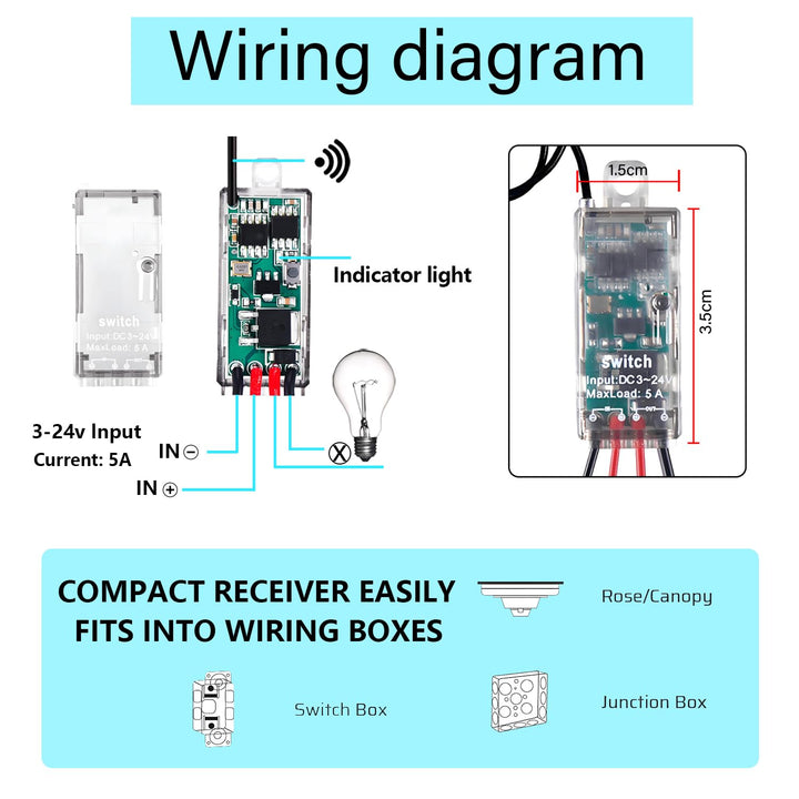 12v funkschalter,4 Wege kabelloser Lichtschalter DC 5V/12V/24V/5A Mini Relais 1 Kanal Wireless Licht