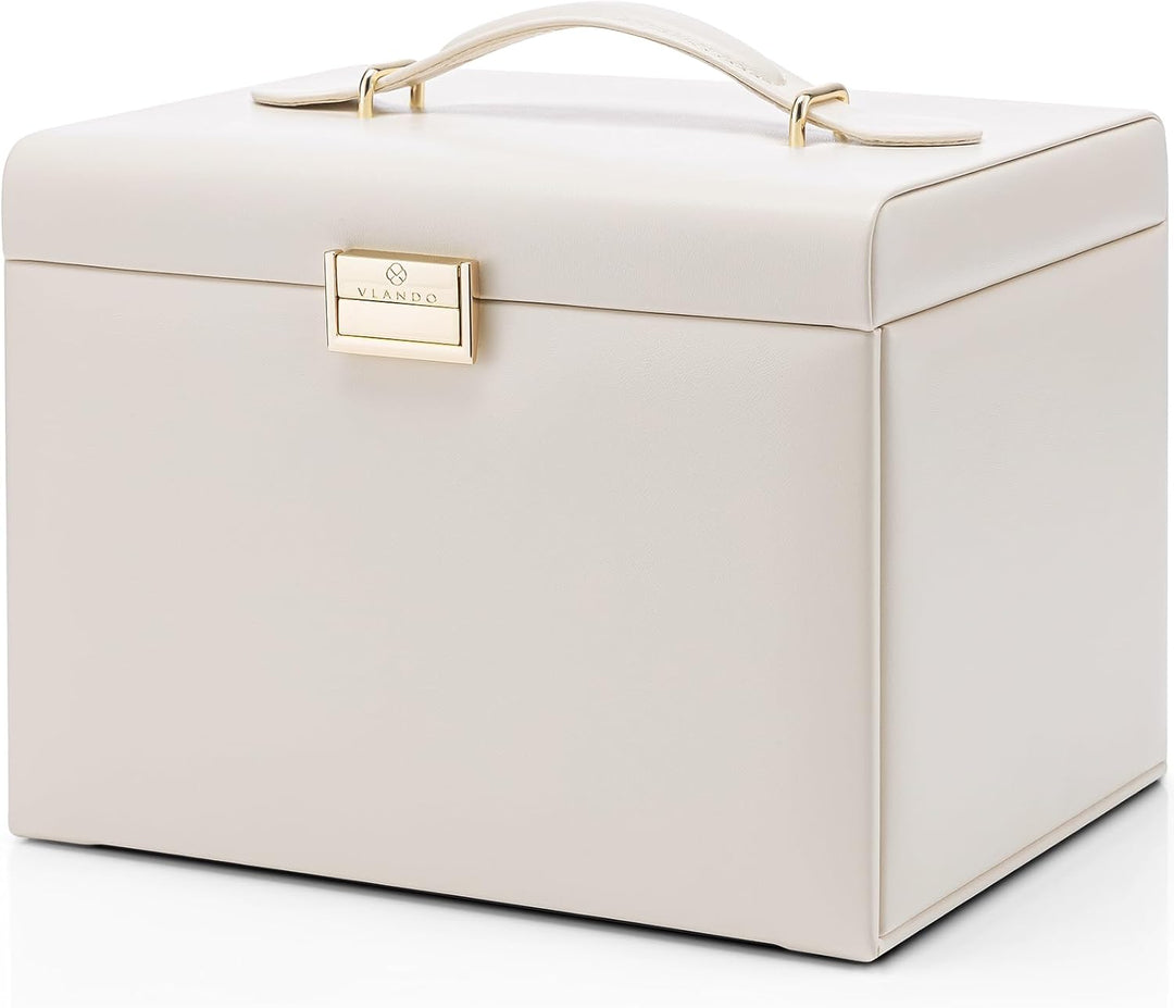 Vlando Schmuckkasten Schmuckbox mit 4 Ebenen, Schmuckschatulle PU Leder, Schmuckbox mit Spiegel und