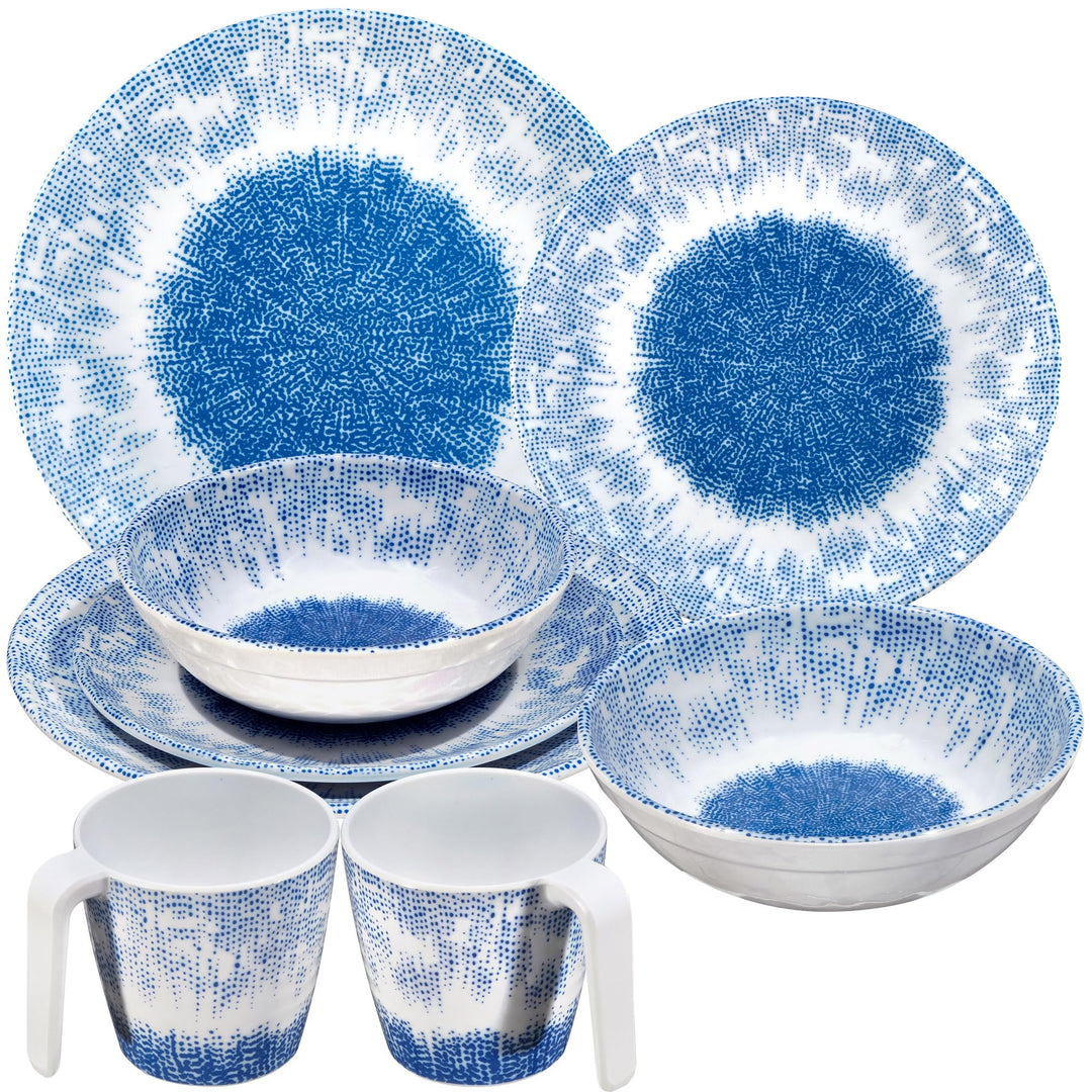 Melamin Geschirr Set Wish Flower Blau 2 Personen Wohnwagen Camping Picknick 8 Teile - mit Tassen, 8