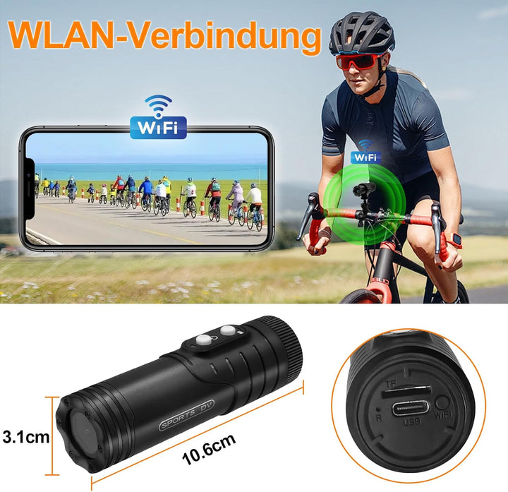 Action Cam WiFi, 1080P HD IP66 Spritzwassergeschütztes Helmkamera, 7h Akkulaufzeit & 120° Weitwinkel