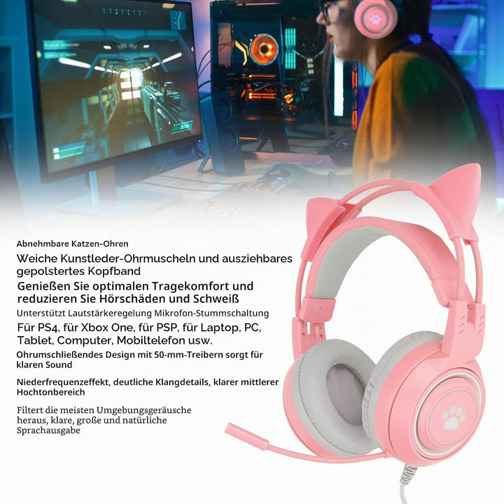Elprico Gaming-Headset, Abnehmbares Katzenohr, USB + 3,5-mm-Stecker, Gaming-Kopfhörer, Unterstützt L