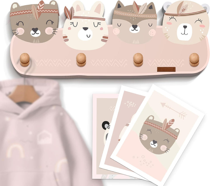 Kindergarderobe mit 4 Haken - Wandgarderobe mit Tiermotiven für Kinderzimmer - Garderobenhaken aus H