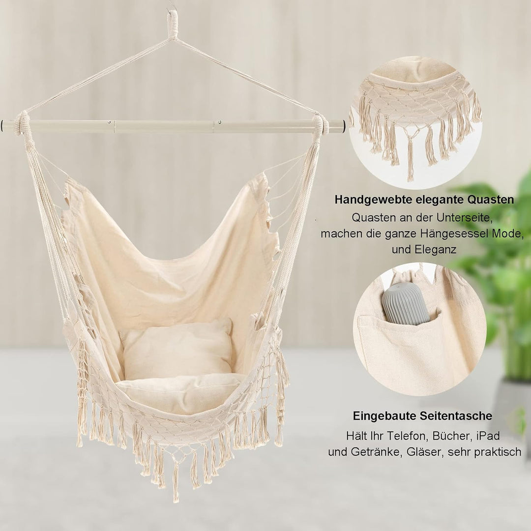 Hängesessel Outdoor, Hängesessel Indoor mit 2 Kissen, Hängesessel ohne Gestell bis 150 kg, Hängestuh