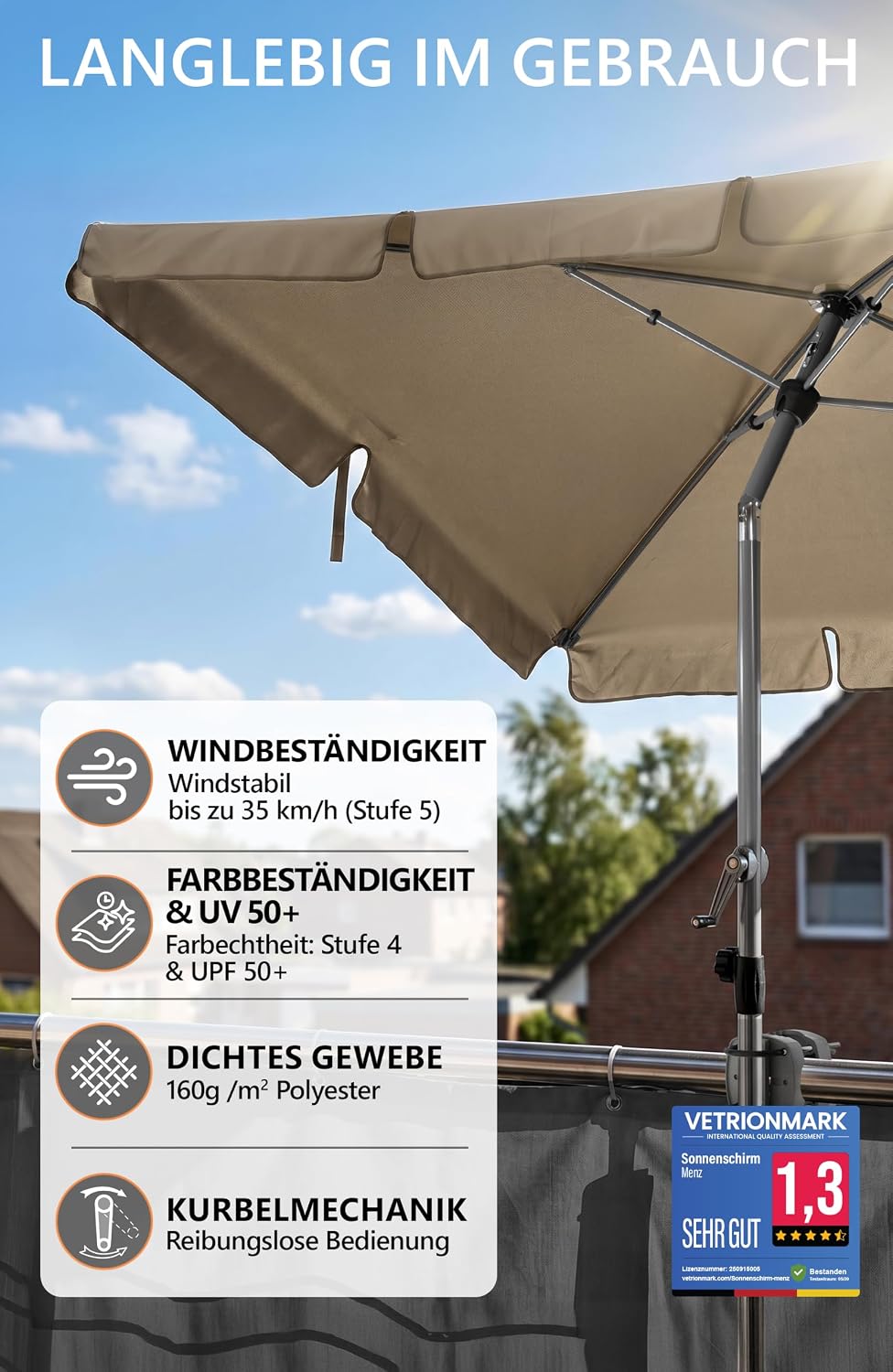 Menz Balkonschirm mit Kurbel, Sonnenschirm rechteckig 200x125 cm, Sonnenschirm Balkon, UV 50+ Sonnen