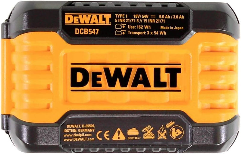 Dewalt DCB547 18 V / 54 V XR FLEXVOLT 9.0 Ah Akku + DCB118 Schnellladegerät, 18 V, Gelb Einzelbett,