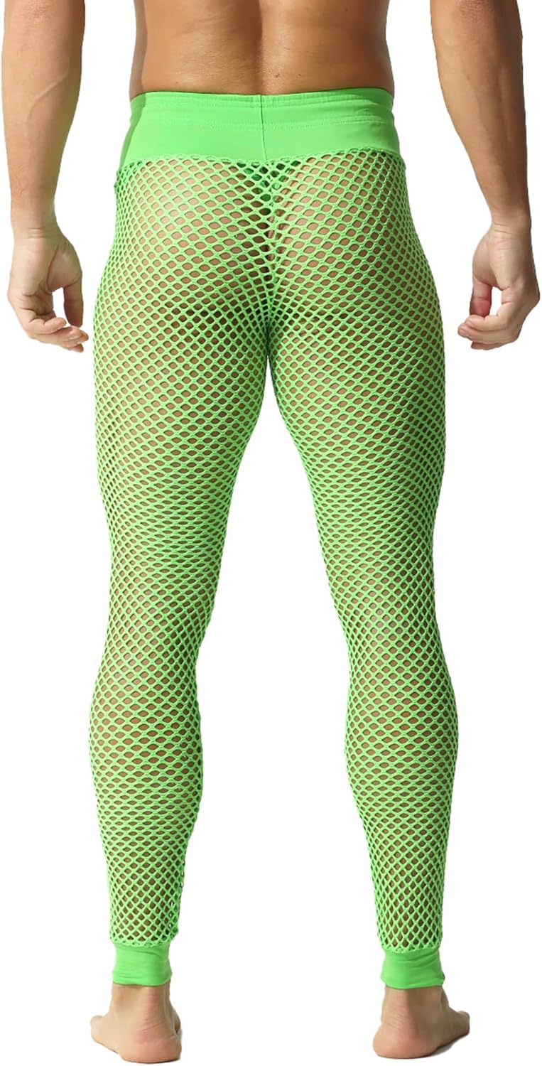 QiaTi Herren Fischnetzhose Mesh durchsichtige Muskelleggings Dehnbare Lange Hose mit Kordelzug M A-g
